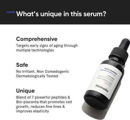 Minimalist Anti Aging Serum With 10% Multi Peptides | Reduces Wrinkles, Collagen Boosting, Hydrating and Overnight Repair Serum, For Women & Men, 1 Fl Oz / 30 ml