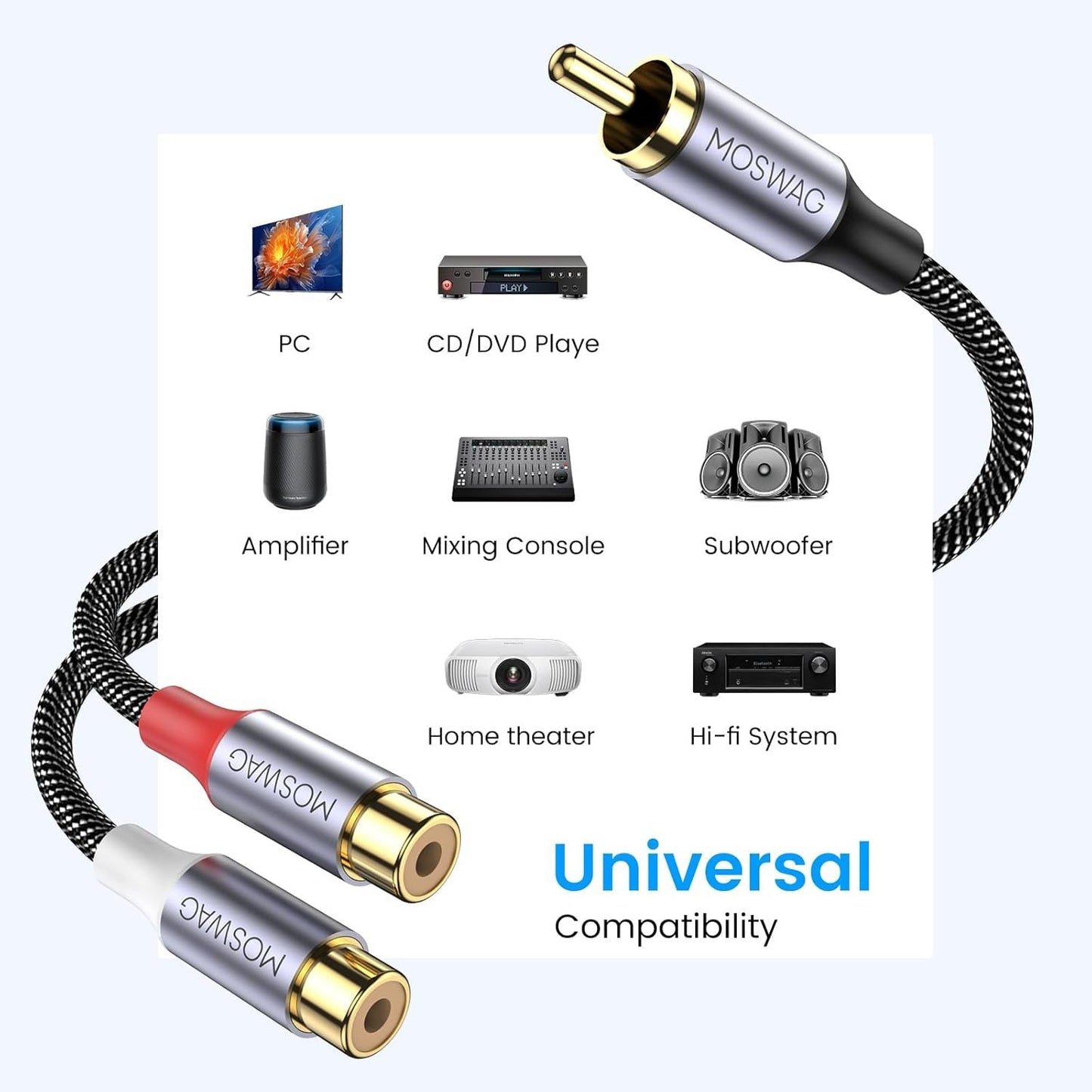 MOSWAG RCA Y Splitter Cable Adapter - 1 Male to 2 Female Audio Speaker Adapter (2 Pack) Compatible With Subwoofers, Speakers, Home Theatres