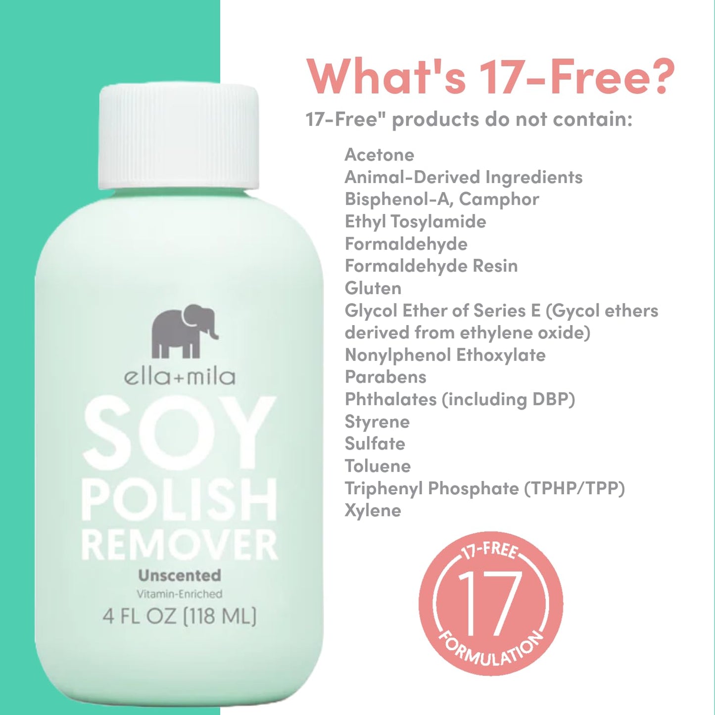ella+mila Soy Nail Polish Remover Non-Acetone Nail Polish Remover - Non-Toxic Fingernail Polish Remover - For Natural Nail Polishes - Unscented & Enriched With Vitamins A, C & E(4 fl oz) Teal