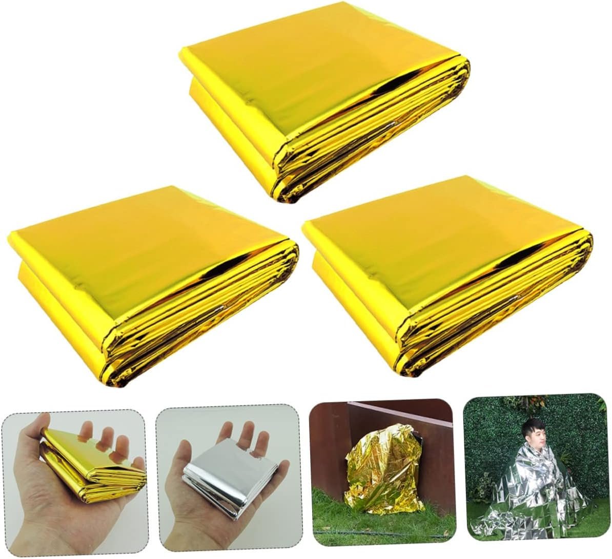 TOBBOMEY 3pcs Foil Emergency Blankets Double Sided Gold Silver Safety Blankets for Outdoor Activities Heat Retention Moisture Protection for Camping Hiking and Survival