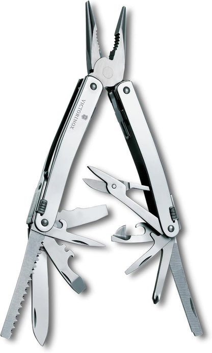 Victorinox Swiss Tool Spirit X Multi Tool, 24 Function Swiss Made with Locking Blade and Long-Nosed Pliers, incl. Leather Case - Silver