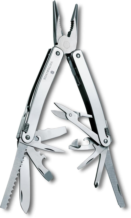 Victorinox Swiss Tool Spirit X Multi Tool, 24 Function Swiss Made with Locking Blade and Long-Nosed Pliers, incl. Leather Case - Silver