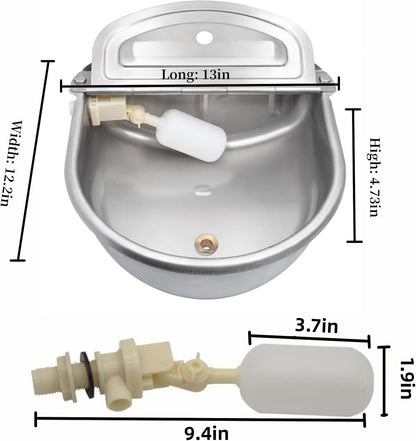 Boajf Automatic Water Dispenser for Dogs, Auto Water Dog Bowl with Drain Valve, Livestock Large Waterer 2 Gallon with Float Valve, Stainless Steel Water Trough with Hose Connector for Horse, Chicken