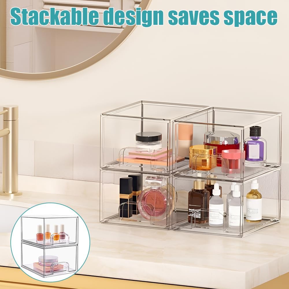 2 Pack Stackable Cosmetic Storage, Portable Bathroom Organizers, Makeup Storage with Drawers, Clear Storage Box for Cosmetics, Skin Care, Hair Accessories (18.9 * 15.3 * 11.2 CM)