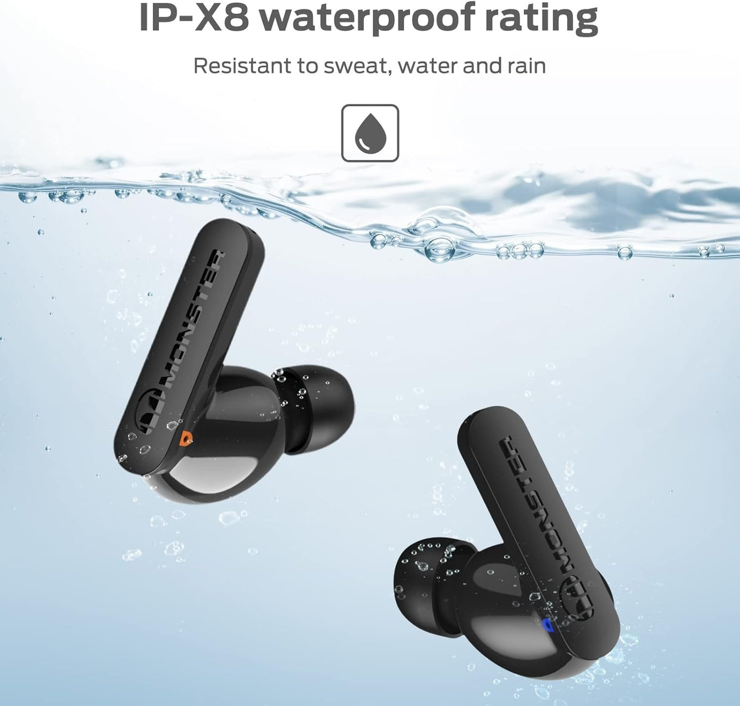 Monster N-Lite Clear Talk Wireless Earbuds Bluetooth 5.3 Headphones with CVC 8.0 Noise Reduction, IPX8 Waterproof, 60H Playtime, Fast Charging for Sport, Small, Ash Black