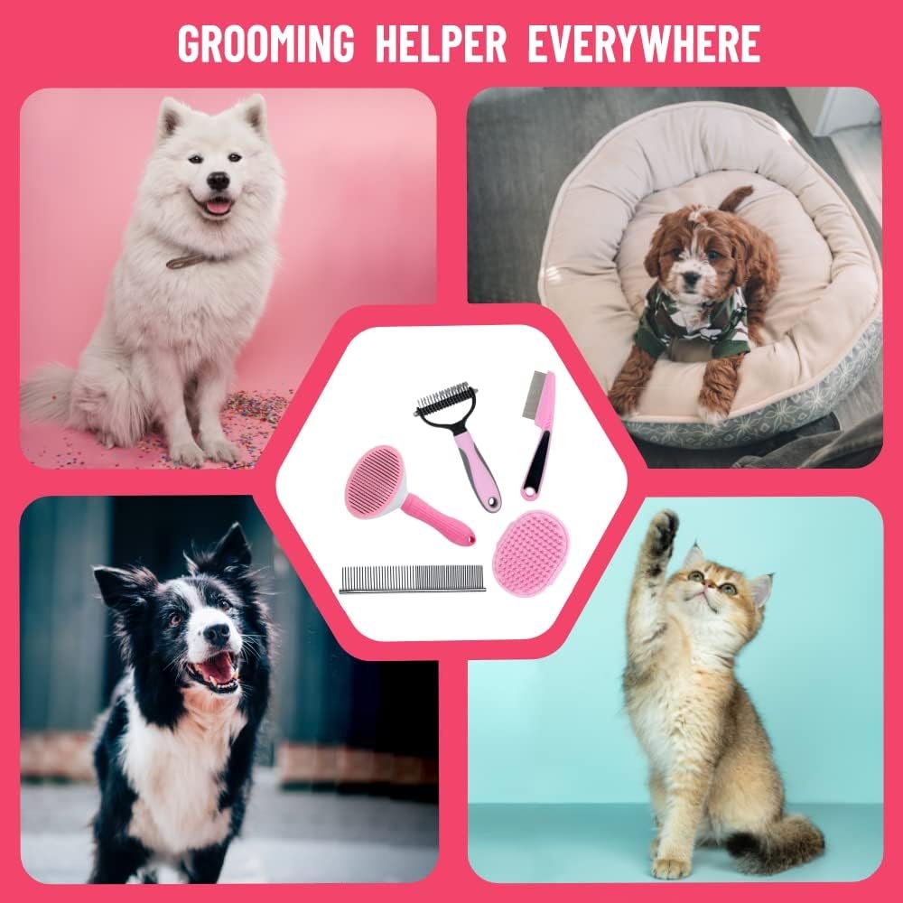 Dog Grooming Brush Shedding Kit - Dog Brush for Long Haired Dogs Short Haired Dogs, Dematting Comb for Dogs, Cat Hair Brush, Shedding and Flea Comb Kit Pink