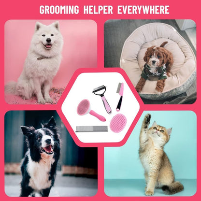 Dog Grooming Brush Shedding Kit - Dog Brush for Long Haired Dogs Short Haired Dogs, Dematting Comb for Dogs, Cat Hair Brush, Shedding and Flea Comb Kit Pink