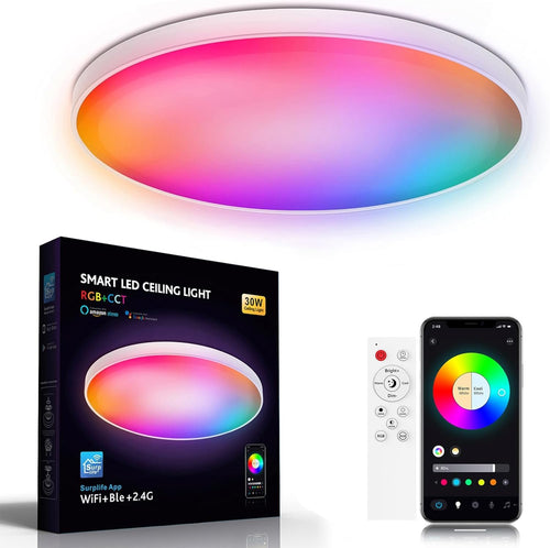 Hitish RGB Ceiling Light, 30W 2200LM Smart Ceiling Light with Remote & Smart APP Control, 2700-6500K Dimmable Color Changing LED Light Fixture Compatible with Alexa Google Home for Bedroom Living Room