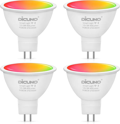 DiCUNO GU5.3 Smart Bulb, MR16 Smart WiFi LED Light, 12V, 5W 400LM, Compatible with Alexa and Google Assistant, Colour Changing Light Bulb, Dimmable LED, (4 Pack)