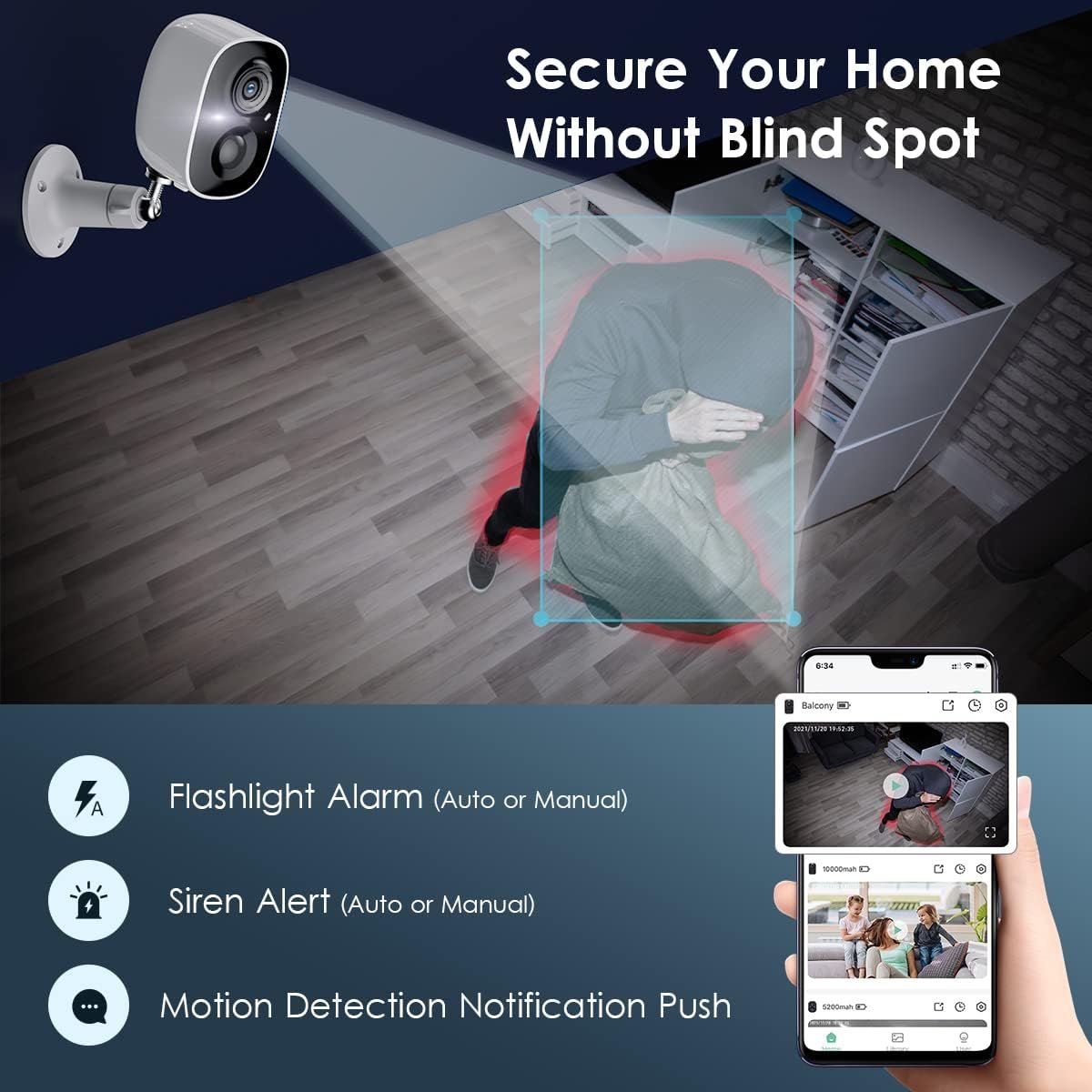 Security Camera Wireless Outdoor, 2-Way Talk Battery Powered Wi-Fi Cameras for Outside and Indoor 1080P Night Vision AI Motion Detection Spotlight Siren Alarm IP65 Weatherproof