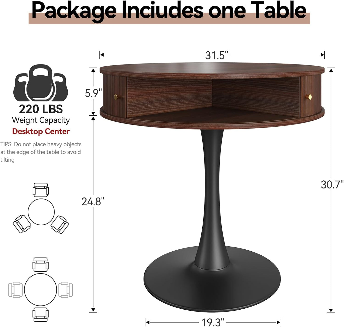 Dining Table Round for 2 Persons, 31.5 Inch Round Table with Metal Pedestal, Seamless Tabletop with Faux Woodgrain, 2 Sliding Doors, 4 Hidden Compartments, for Small Spaces, Apartments, Cafes, Walnut
