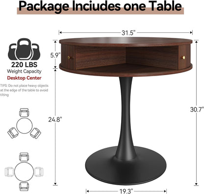 Dining Table Round for 2 Persons, 31.5 Inch Round Table with Metal Pedestal, Seamless Tabletop with Faux Woodgrain, 2 Sliding Doors, 4 Hidden Compartments, for Small Spaces, Apartments, Cafes, Walnut