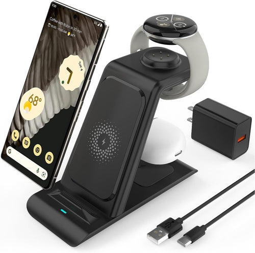 Upgraded 3 in 1 Wireless Charger Compatible with Google Pixel Watch 3/2, Pixel 9 Pro XL/9/8/7/7A/6 Pro, Pixel Buds Pro/2, Wireless Charging Station for Multiple Devices (Not for Pixel Watch 1)