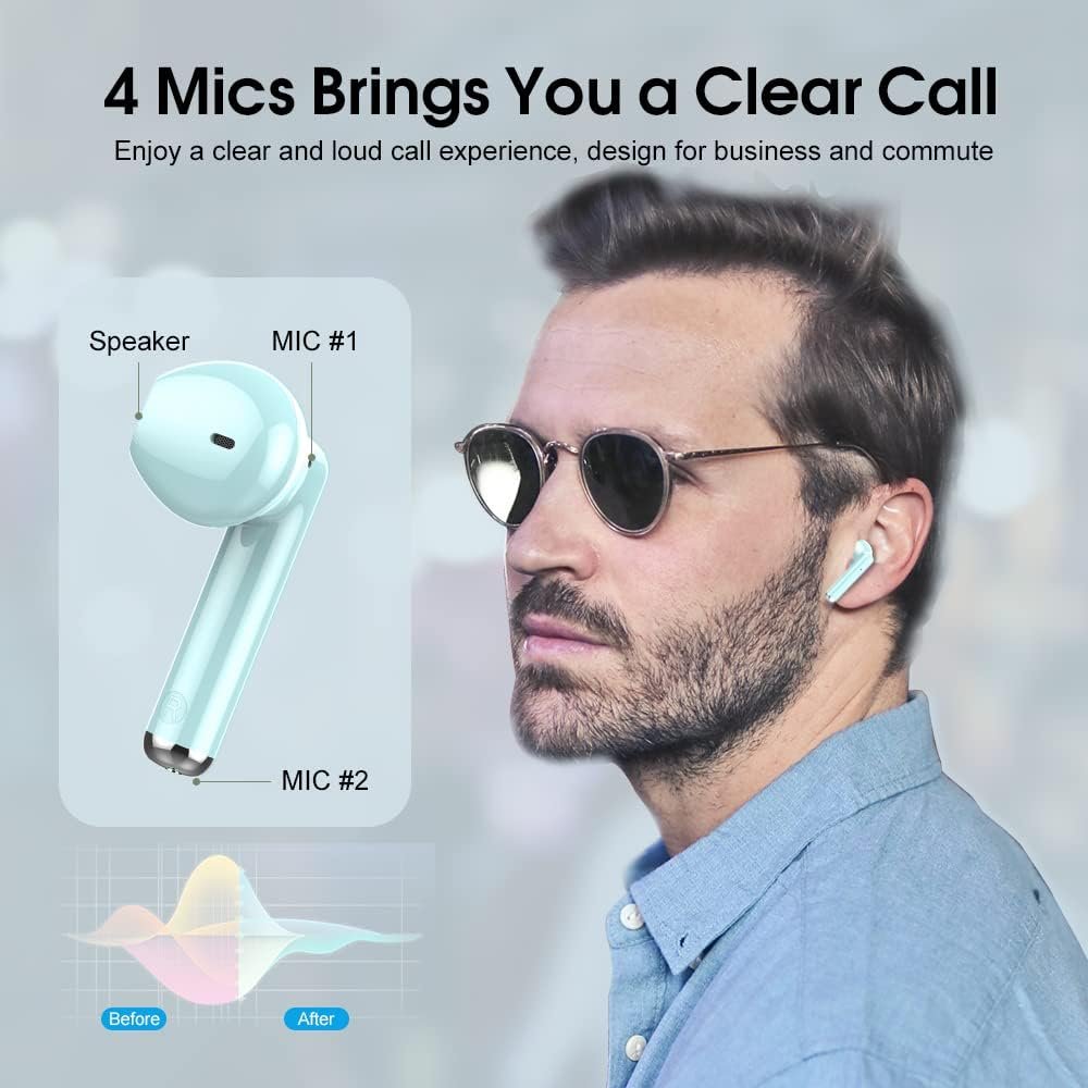 OYIB Wireless Earbuds, 2025 Mini Bluetooth 5.3 Headphones HD Stereo Audio, ENC Noise Cancelling Mic Wireless Earphones 25H Playtime, IPX7 Waterproof, Touch Control in Ear Wireless Headphone Sky Blue
