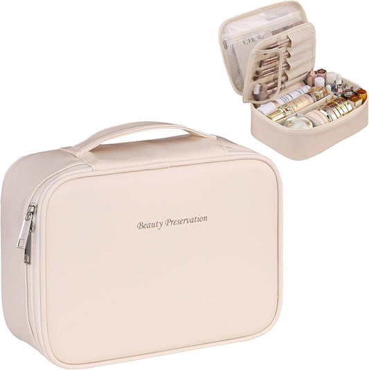Travel Makeup Bag,Large Cosmetic Bag Case,Waterproof Portable Make Up Bag with Dividers Cosmetics Makeup Brushes Toiletry Jewelry Accessories for Women Girls,Traveler,Christmas (B-Khaki)