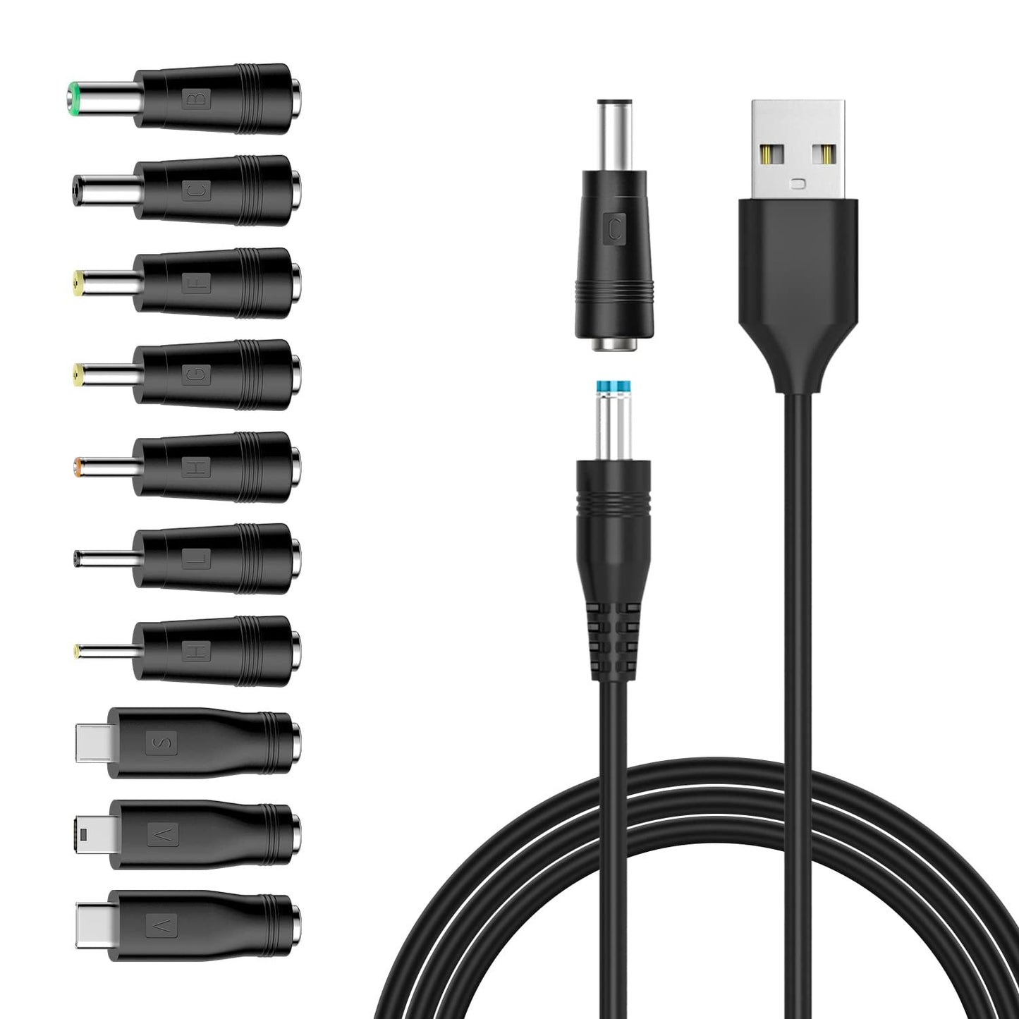 Powseed 5V DC Power Cable, USB to DC Plug Charging Cord with 10 Adapter Plugs to Charge Moon Lamp, LED Pixel Light, USB-HUB, Mini Fan, Camera, Cartoon Watch, Mobile Phone, Power Bank