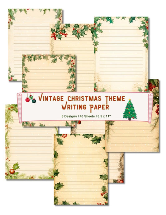 40 Sheets Vintage Christmas Theme Writing Paper: Letter Size Ruled Stationery, Aged Looking Letterhead Paper, Holly Headed Notepaper: 8 Unique Designs, 8.5 x 11 Inch