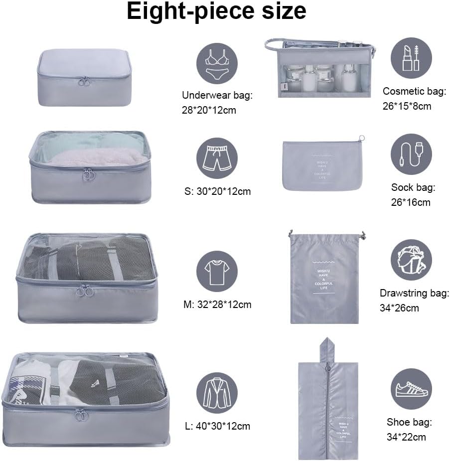 OSDUE Suitcase Packing Cubes, 8 Pieces Thickened Travel Organizer, Travel Bags, Travel Accessories, Essential Organizer, Clothes, Shoes, Cosmetics, Toiletries, Bags