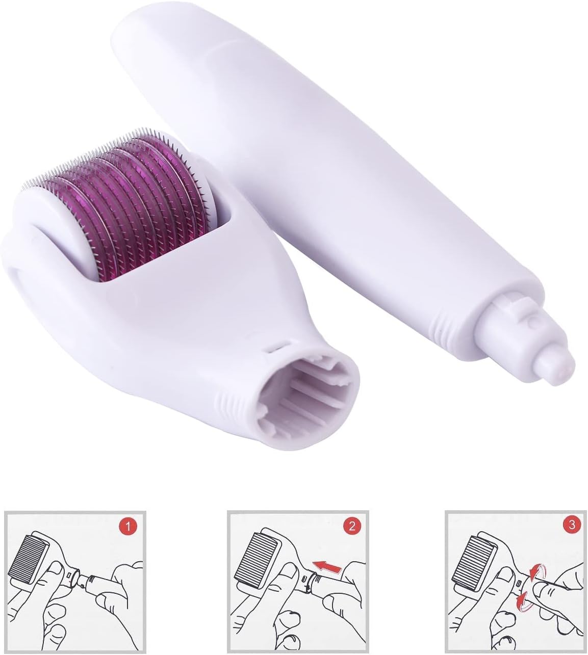 6 In 1 Derma Roller kit, Cosmetic Micro-Needling Instrument Skin Care Tool for Stretch Marks Wrinkles Acne Scars Hair Loss Regrowth with 4 Titanium Needle Heads Silicone Brush and Disinfecting Tray
