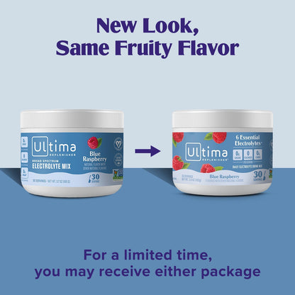 Ultima Replenisher Electrolyte Hydration Powder, Blue Raspberry, 30 Servings - Sugar Free, 0 Calories, 0 Carbs - Gluten-Free, Keto, Non-GMO, Vegan, with Magnesium, Potassium, Calcium