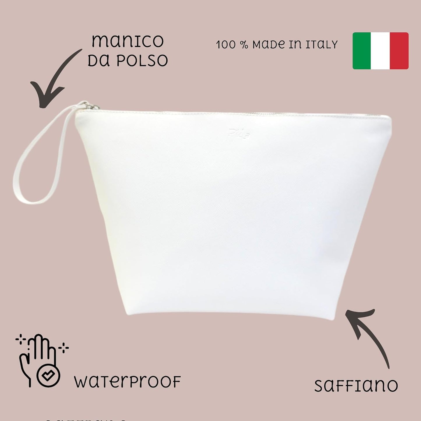 Pikla - Large Unisex Travel Beauty Case in Saffiano Made in Italy, Beauty Case for Men and Women, Hanging, Waterproof Necessary for Accessories and Make Up, Travel Cosmetic Organizer (Saffiano White),