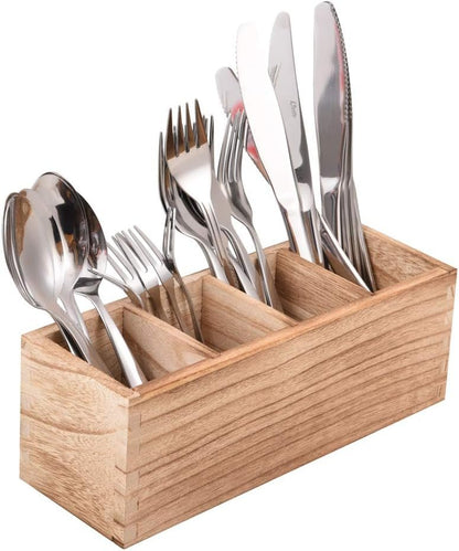 Kitchen Cutlery Holder with 4 Compartments, Wood Utensil Organizer Stand, Silverware Storage Kitchen Flatware Caddy for countertop