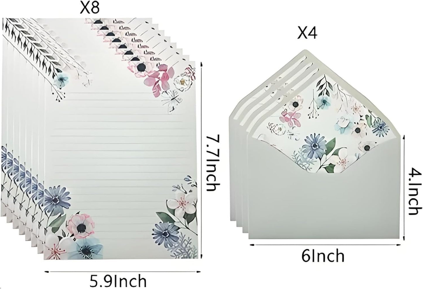 DxJ 72Pcs Stationary Letter Paper and Envelopes Set,48 Writing Stationery Paper 5.9X7.7Inch+24Pcs A6 Cute Envelopes 4x6Inch,Unique Flower Design Stationary Set for Writing Letters(H1)