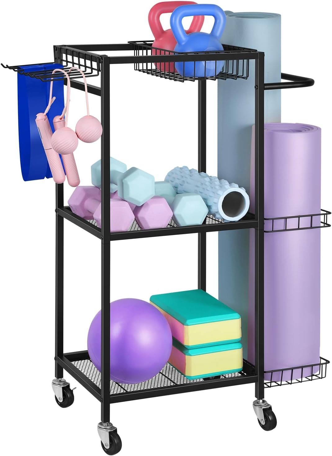 Weight Rack for Dumbbells Home Gym Equipment Storage Rack Workout Equipment Storage Cart with Hooks for Yoga Mats, Dumbbells, Kettlebells, Foam Rollers, and Resistance Bands