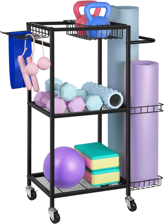 Weight Rack for Dumbbells Home Gym Equipment Storage Rack Workout Equipment Storage Cart with Hooks for Yoga Mats, Dumbbells, Kettlebells, Foam Rollers, and Resistance Bands