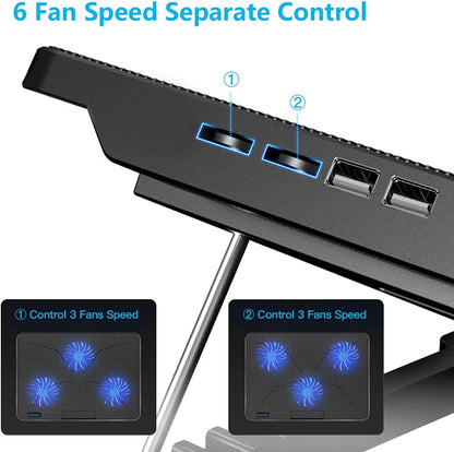 LIANGSTAR Laptop Cooling Pad, Laptop Cooler with 6 Quiet Fans for 12-17 Inch Notebook Gaming Fan Stable Stand, 7 Height & Wind Speed Adjustable, 2 USB Port & Phone Holder (Black)
