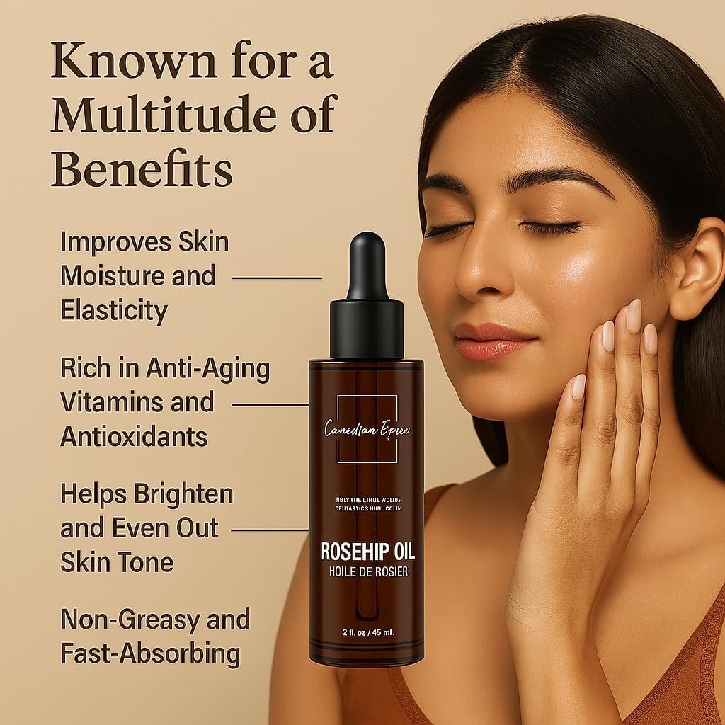 Canadian Grace Organic Rosehip Oil, Natural Cold-Pressed & Authentic for Skin Rejuvenation & Nourishment, 100% Pure & Organic Oil, Deeply Moisturizes & Hydrates Skin - 60ml