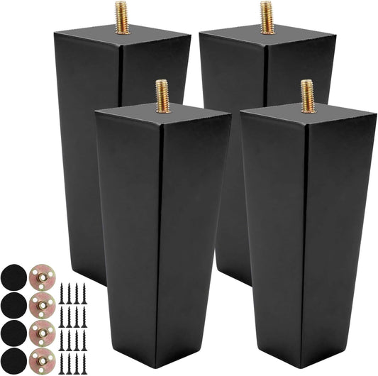 VIDETOL 4 x Wooden Table Legs, 15cm Wooden Feet with Mounting Plates, Rubber Pads and Screws, Black Wooden Feet for Bed, Sofa, Furniture