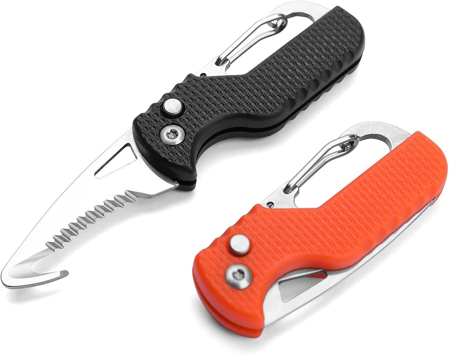 ITOKEY Multitool Keychain knife, 2 Pack Small Pocket Box/ Seatbelt/ Strap Cutter, Razor Sharp Serrated Blade and Paratrooper Hook, EDC Folding Knives Key Chains for Women Men Everyday Carry