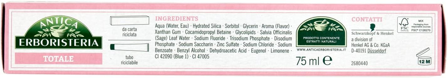 Antica Erboristeria - Total Toothpaste with Antibacterial Action, Prevents Gum Problems, Protection Against Caries, Sage and Zinc Taste - 75ml x 2
