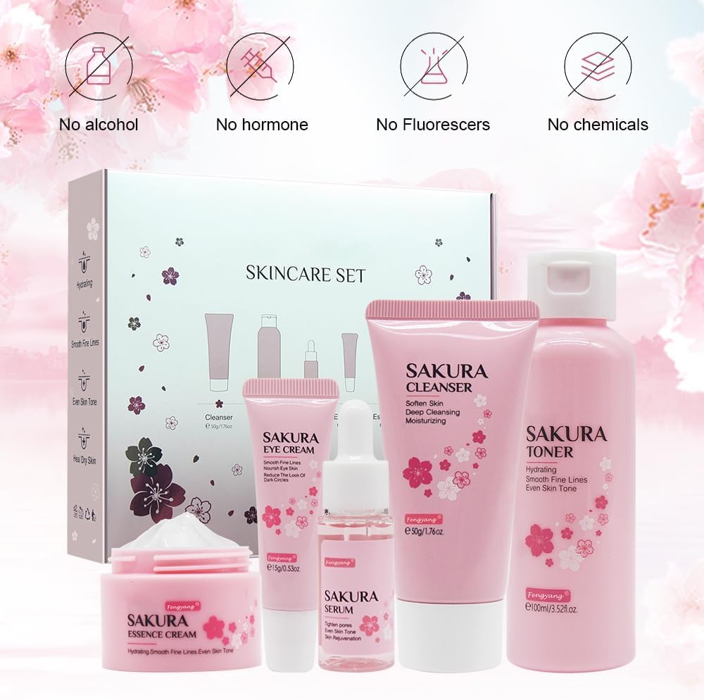 Fengyang® Sakura Skin Care Kit 5 Piece Skin Care Set Sakura Skin Care Kit Moisturizing Gift Women Facial Tool With Cherry Blossom Extract (5set)