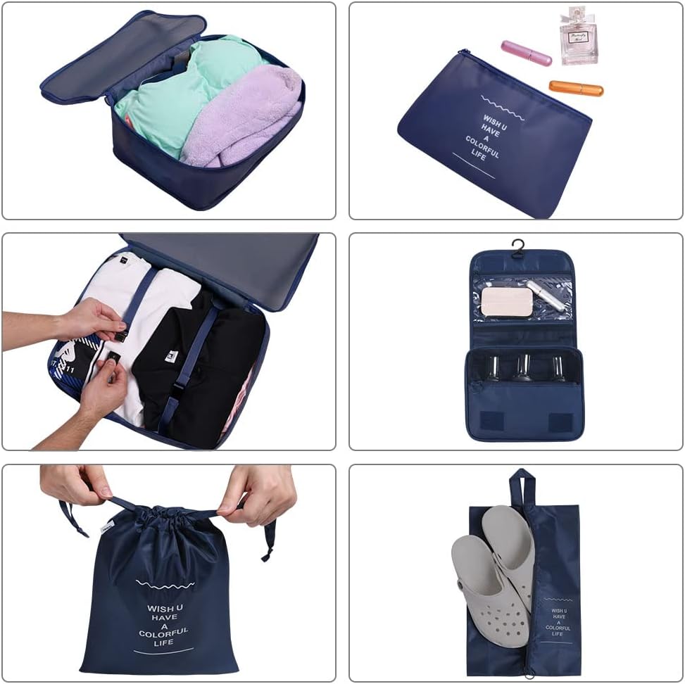 OSDUE Luggage Organizer, 8 Pieces Waterproof Packing Cube Set, Separators Pouches Travel Organizer, Clothing Underwear Footwear Organizers Sacks Storage Suitcase Set (Navy Blue)
