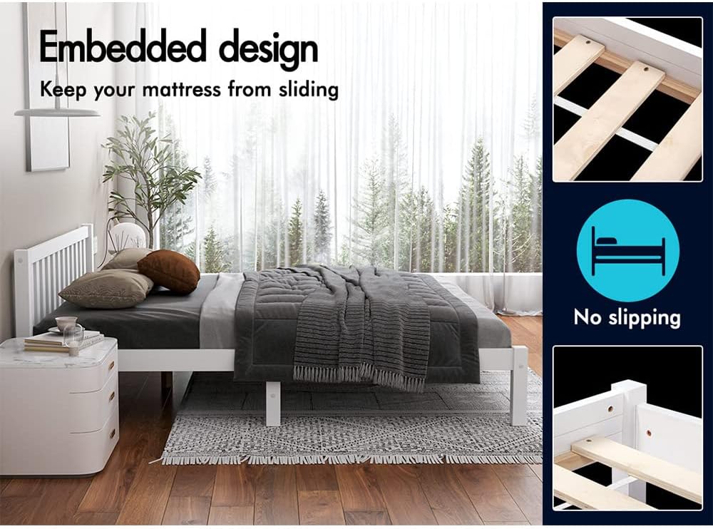 ALFORDSON Bed Frame Double Wooden Bed Base with Solid Wood Pine Timber Slats, Mattress Base Platform Support, White Bed Foundation with Storage Space, Fenella Series Home Bedroom Furniture