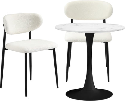 Oikiture 60cm Round Dining Table with 2X Dining Chairs Boucle White&Black