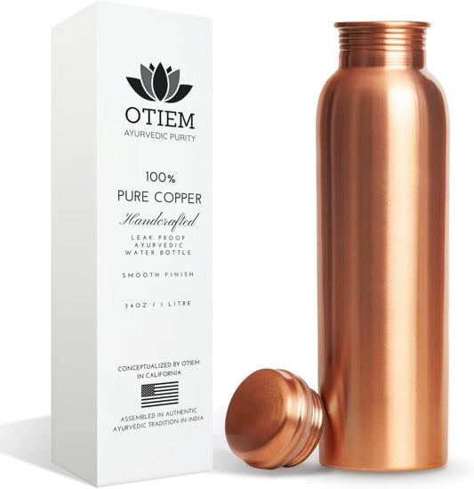 Otiem 100 Pure Copper Water Bottle 34 Oz Copper Bottle Water with Lid â€“ Ayurvedic Copper Water Bottle â€“ Copper Water Vessel - Drink More Water Bottle â€“ Large -Leak Proof - Smooth Finish