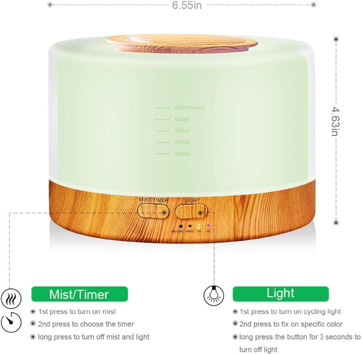 500Ml Essential Oil Diffuser Remote Control Aroma Mist Ultrasonic Air Humidifier 4 Timer Settings Led Night Light