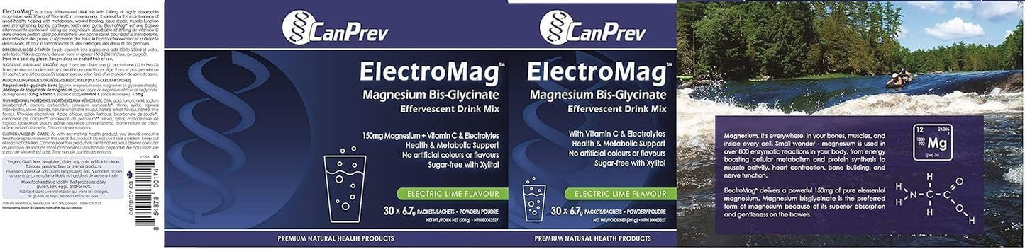 CanPrev ElectroMag Effervescent Drink Box, 30 Sachets 30-Day Supply - Lemon-Lime Flavor, Pure Magnesium Bisglycinate with Electrolytes & Vitamin C, Sugar-Free Xylitol Powder for Hydration and Energy
