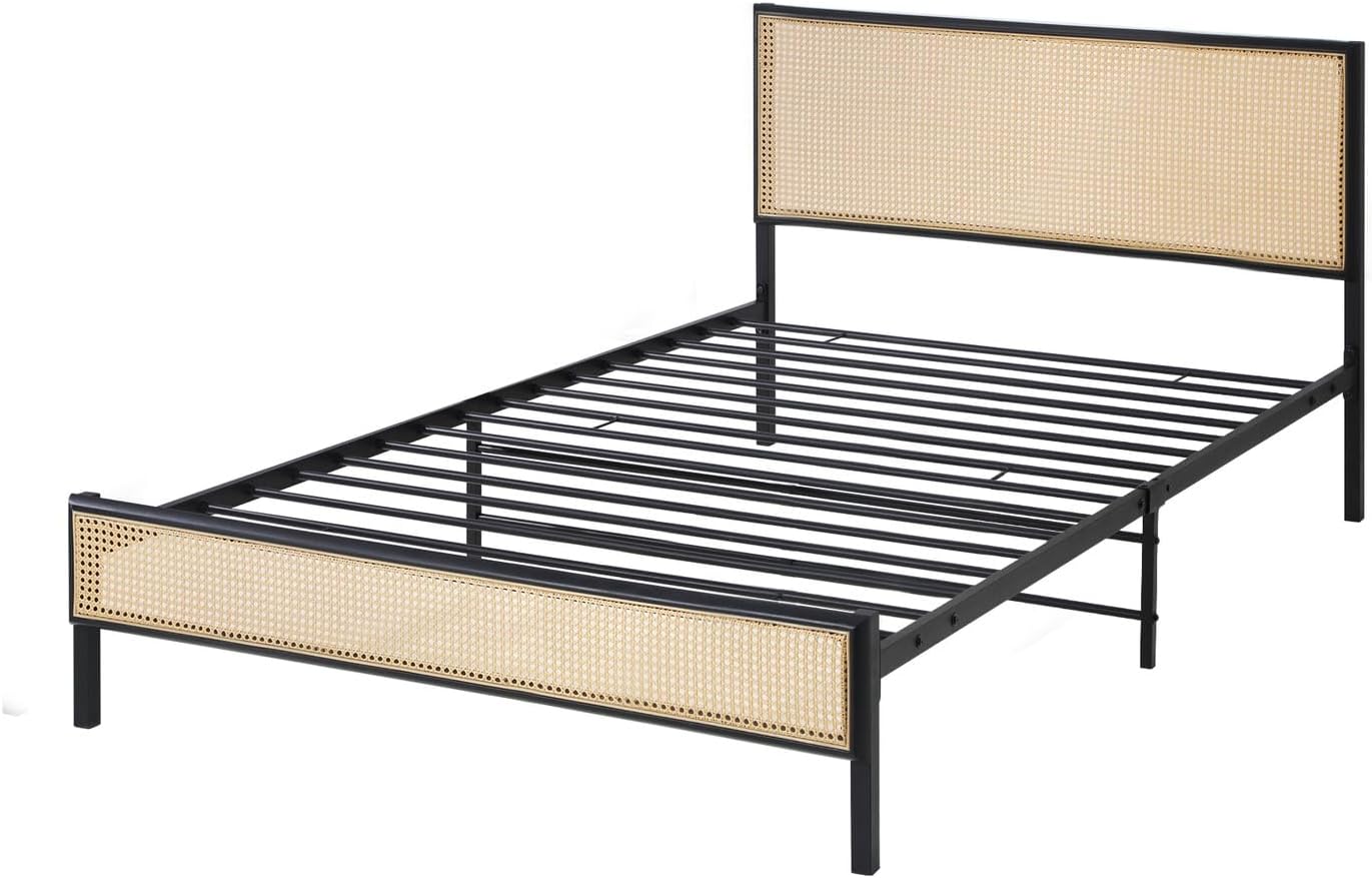 Oikiture Single Bed Base with Rattan Headboard and Steel Slat Single Bed Frame Mattress Platform Black