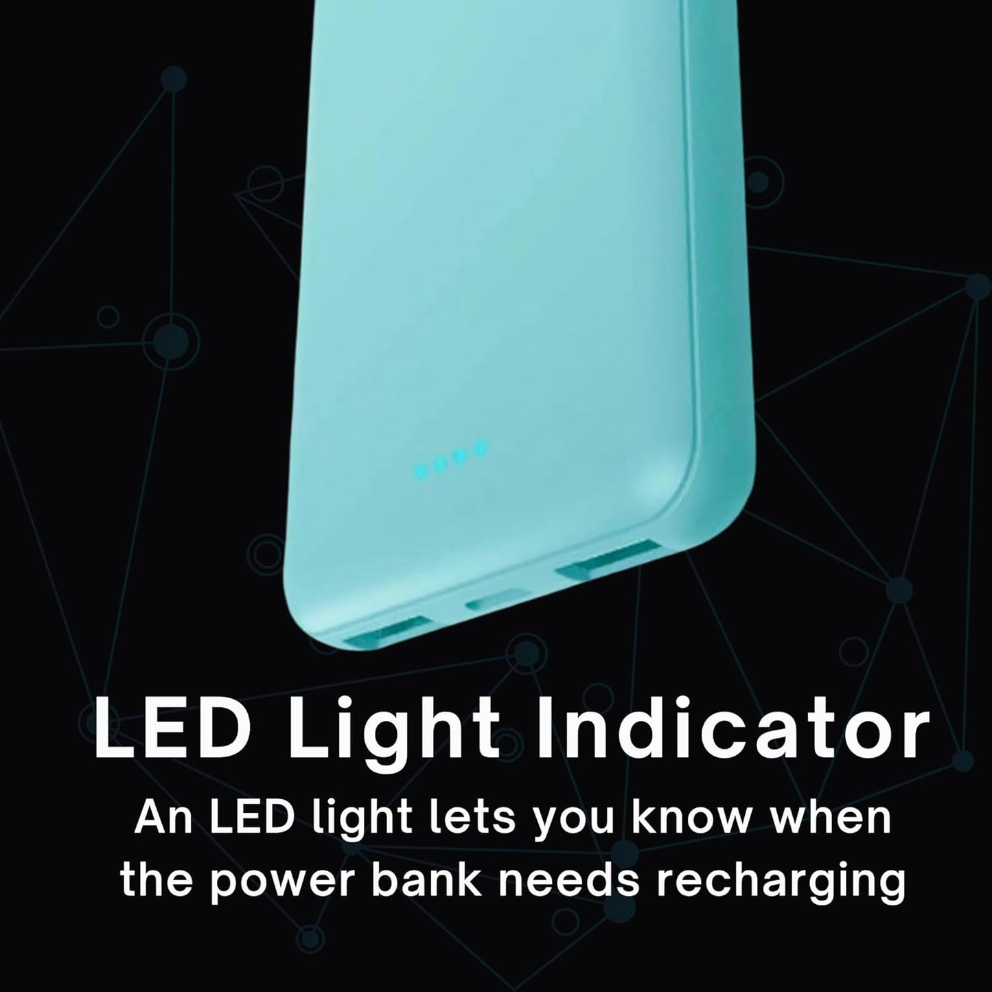 Laser 5000mAh Powerbank Dual USB-A, USB C Charger Ports, 118g Portable Charger, LED Display, 10W, 3-in-1 Cable, Compatible for iPhone15/14/13/12/Pro Max, Samsung, iPad, Apple Watch, Tablet - Aqua