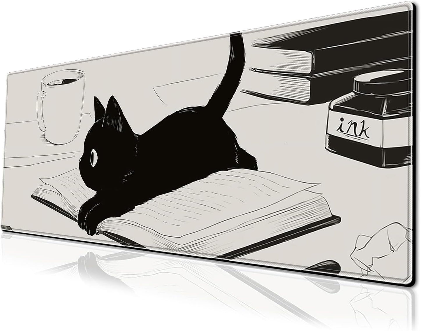 Cute Anime Black Cat Gaming Mouse Pad Large Cartoon Desk Mat, 31.5x11.8 Inch Mousepad Extended Non-Slip Rubber Base Keyboard Mat with Stitched Edges for Desk Home Office