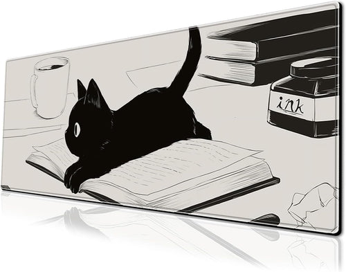 Cute Anime Black Cat Gaming Mouse Pad Large Cartoon Desk Mat, 31.5x11.8 Inch Mousepad Extended Non-Slip Rubber Base Keyboard Mat with Stitched Edges for Desk Home Office