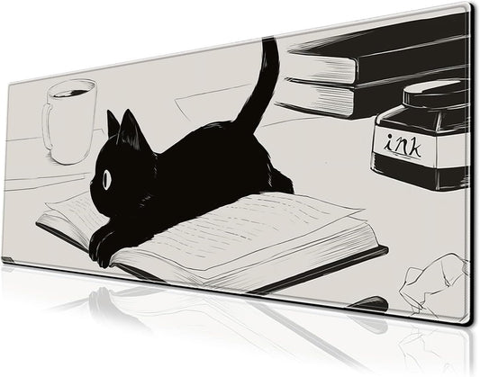 Cute Anime Black Cat Gaming Mouse Pad Large Cartoon Desk Mat, 31.5x11.8 Inch Mousepad Extended Non-Slip Rubber Base Keyboard Mat with Stitched Edges for Desk Home Office