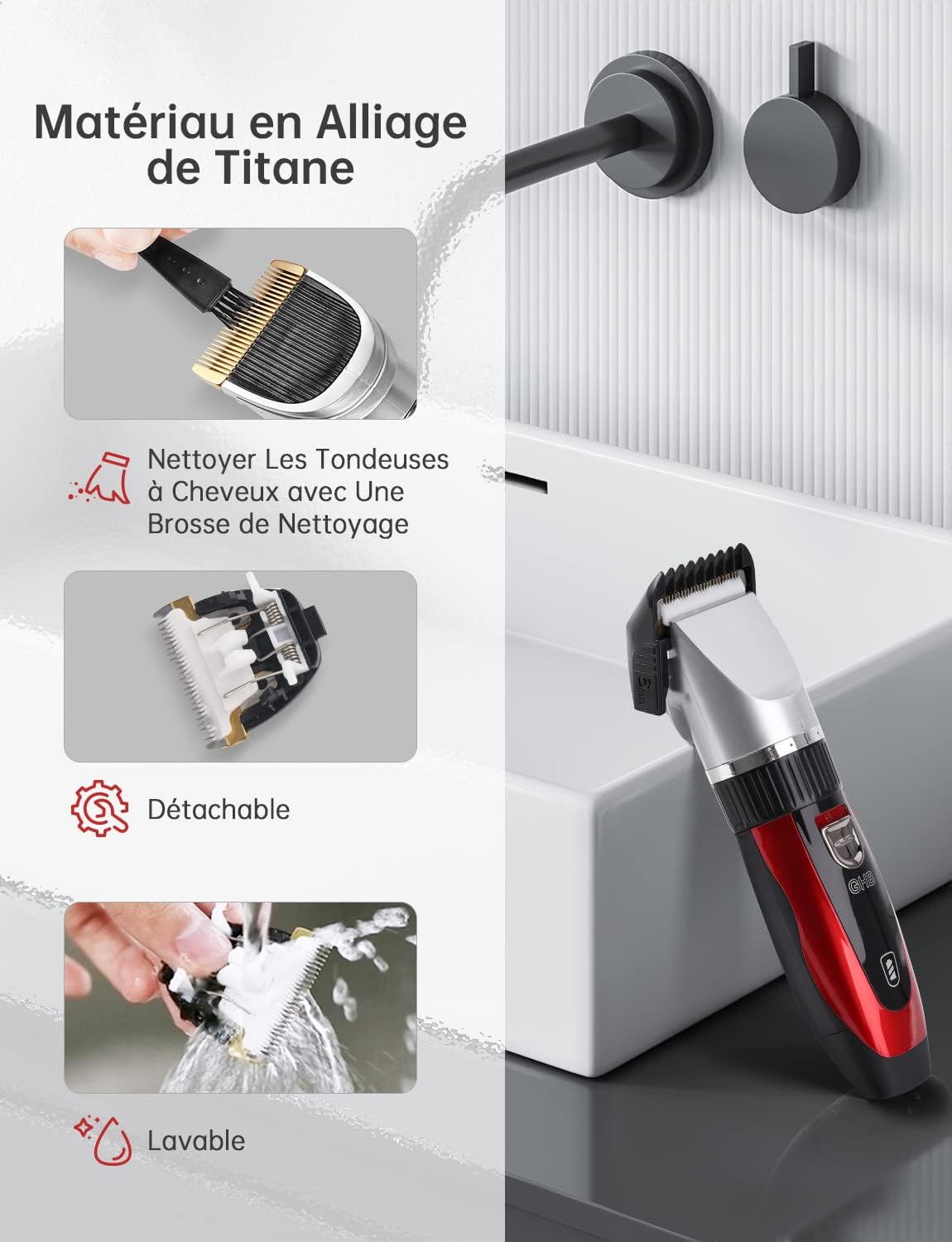 GHB Cordless Hair Clipper for Men, 2 Lithium Batteries, 14 Pieces for Men, Kids, Home Salon, Hairdresser