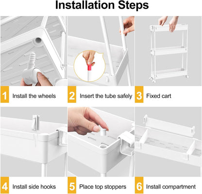 SPACELEAD Slim Storage Cart 3 Tier,Bathroom Organizer Rolling Utility, Mobile Shelving Unit Slide Out for Office, Kitchen, Laundry Room & Narrow Places,White