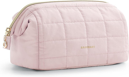 BAGSMART Makeup Bag Travel Cosmetic Bag, Puffy Padded Make Up Bags for Women Large Capacity Makeup Organizer Case, Wide-Open Pouch Purse Travel Essentials Toiletries Accessories Brushes, Pink