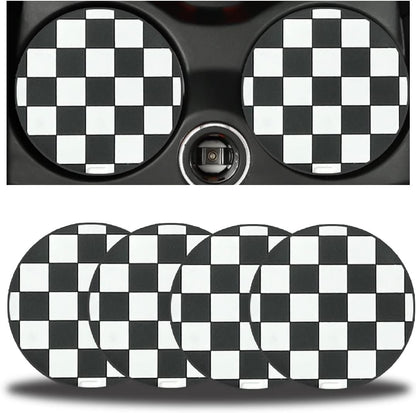 TSUGAMI 4 Pack Car Cup Coasters, 2.75 Inch Vehicle Holder Cup Holder Insert Coaster, Anti-Slip Automotive Black White Grid Drink Cup Mat, Universal Automotive Interior Accessories